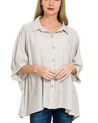 Zenana Woven Stripe Button Down Boxy Shirt BROWN Trendsi