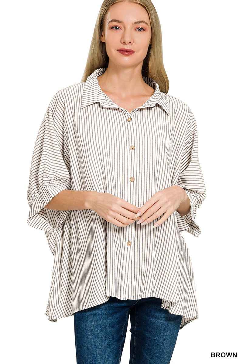 Zenana Woven Stripe Button Down Boxy Shirt BROWN Trendsi
