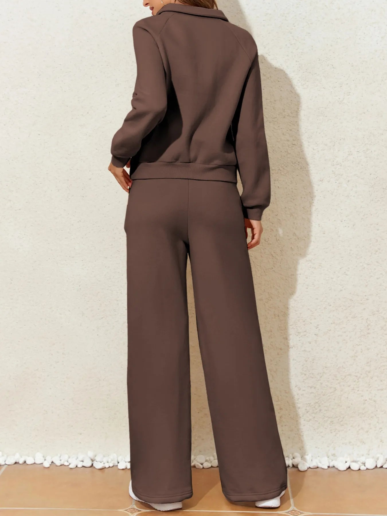 Cotton Blend Collared Sweatshirt Wide Leg Sweatpants Set Trendsi