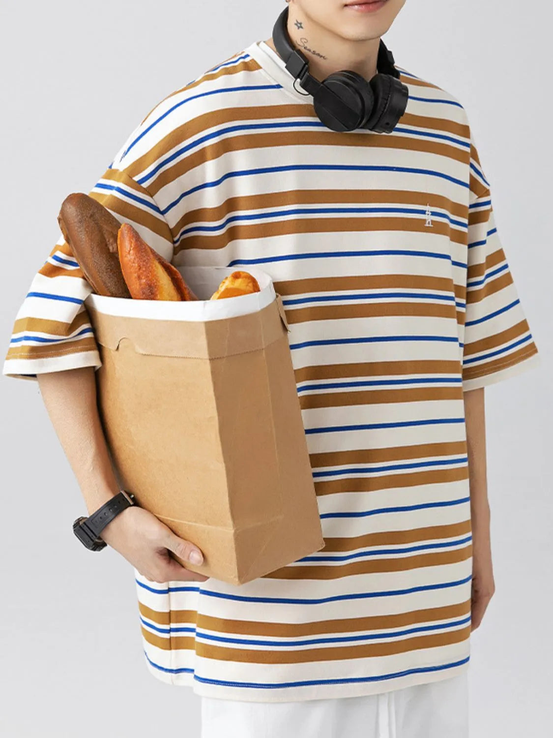 Mens Oversized Fit Half Sleeve Stripe T-Shirt Camel Stripe T-shirts Trendsi