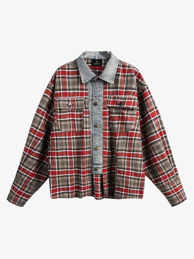 Men's Plaid Shirt with Denim Collar Detail