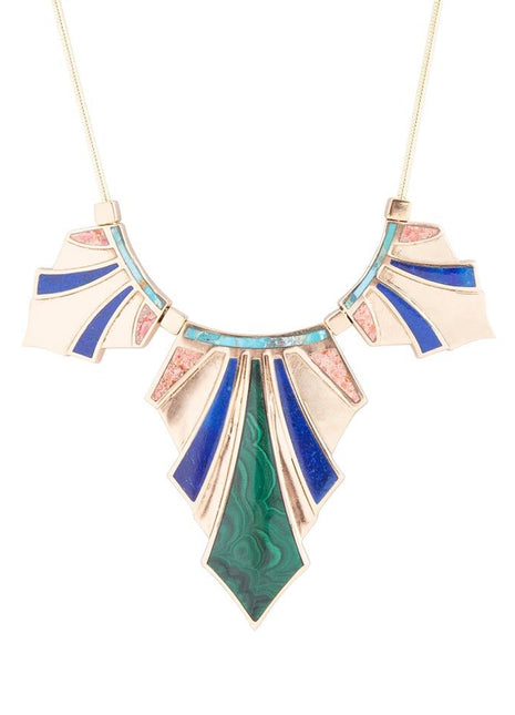 Art Deco Colorful Inlaid Golden Statement Necklace