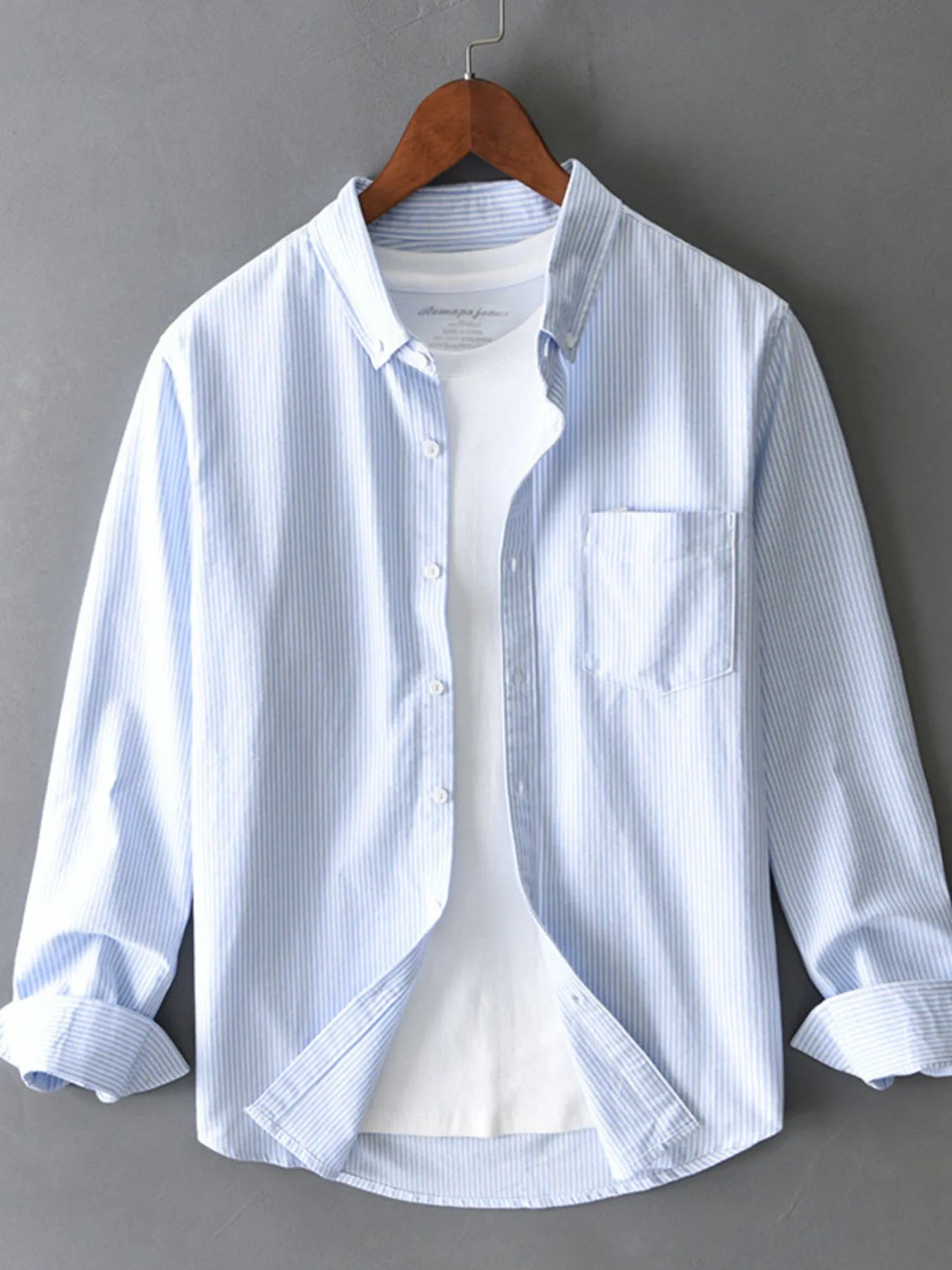 Mens Classic Striped Cotton Long Sleeve Button Up Sky Blue Shirts Trendsi