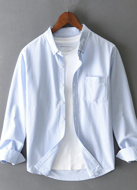 Mens Classic Striped Cotton Long Sleeve Button Up Sky Blue Shirts Trendsi