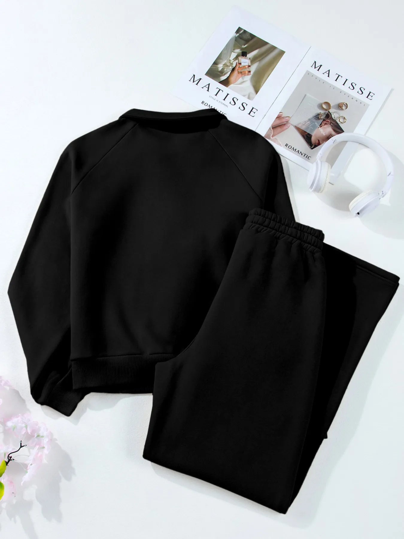 Cotton Blend Collared Sweatshirt Wide Leg Sweatpants Set Trendsi