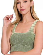 Zenana Washed Ribbed Seamless Square Neck With Bra Pads ASH OLIVE Tops Trendsi