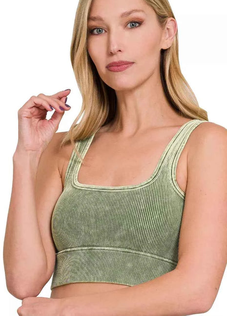 Zenana Washed Ribbed Seamless Square Neck With Bra Pads ASH OLIVE Tops Trendsi