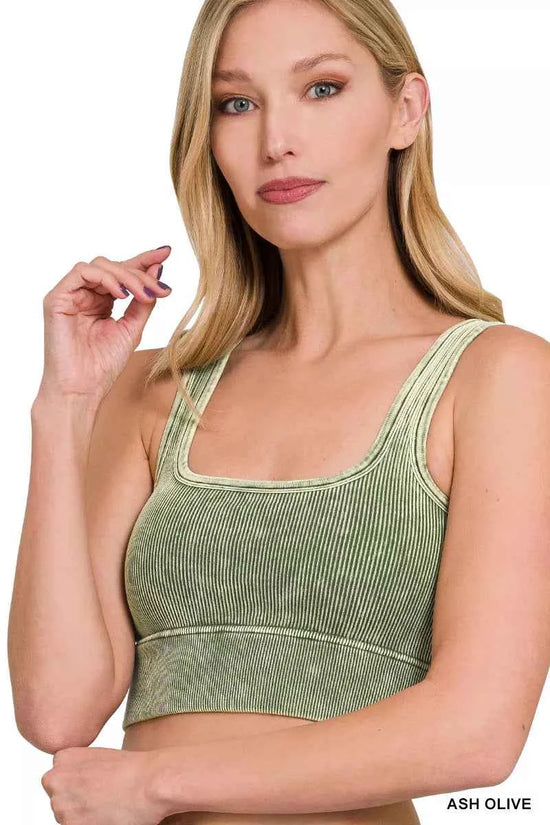 Zenana Washed Ribbed Seamless Square Neck With Bra Pads ASH OLIVE Tops Trendsi