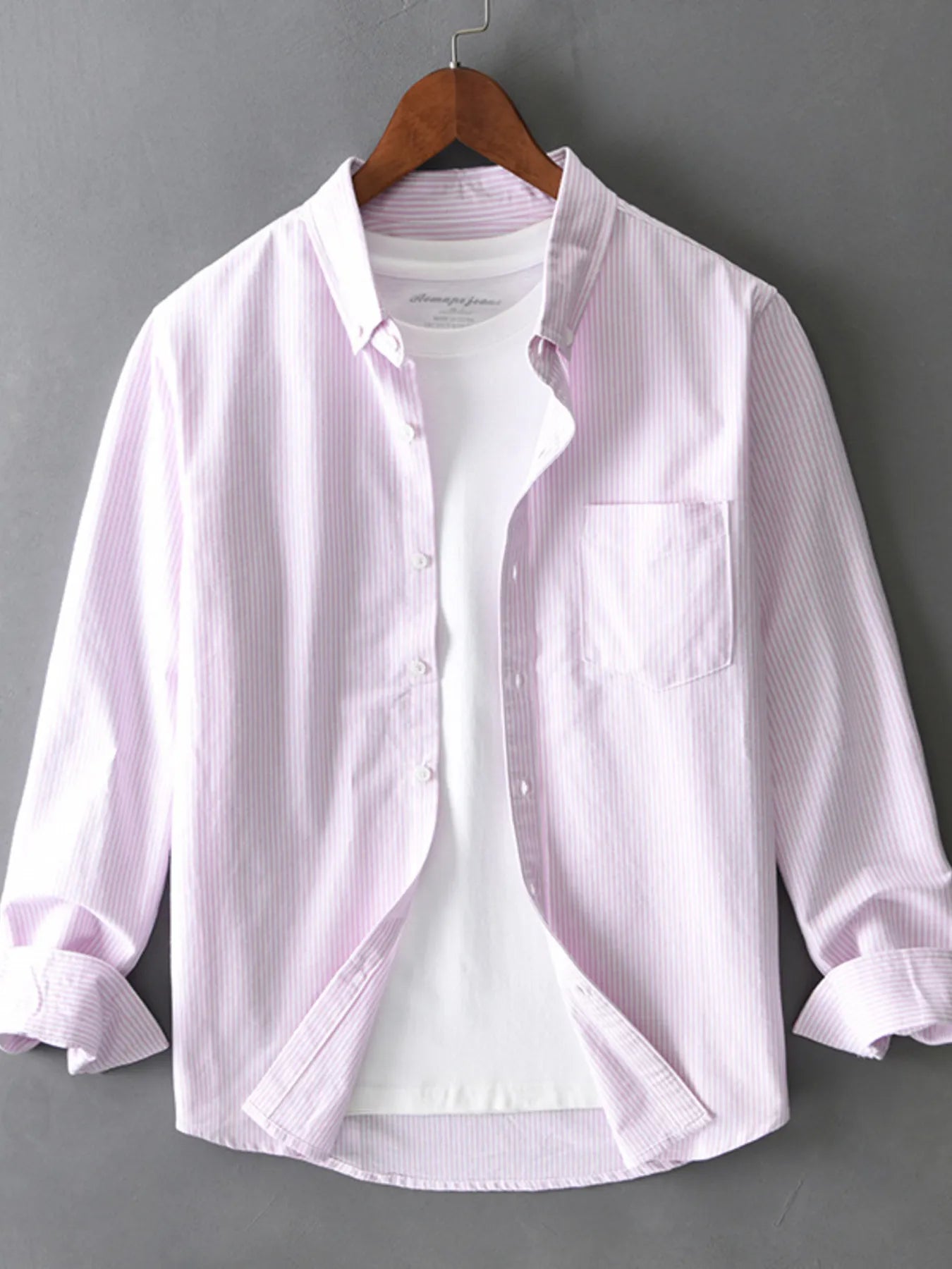 Mens Classic Striped Cotton Long Sleeve Button Up Pink Shirts Trendsi