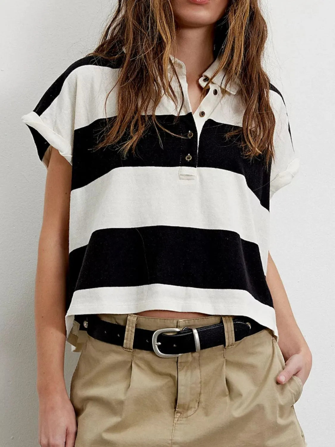 Striped Collared Neck Short Sleeve Top Trendsi