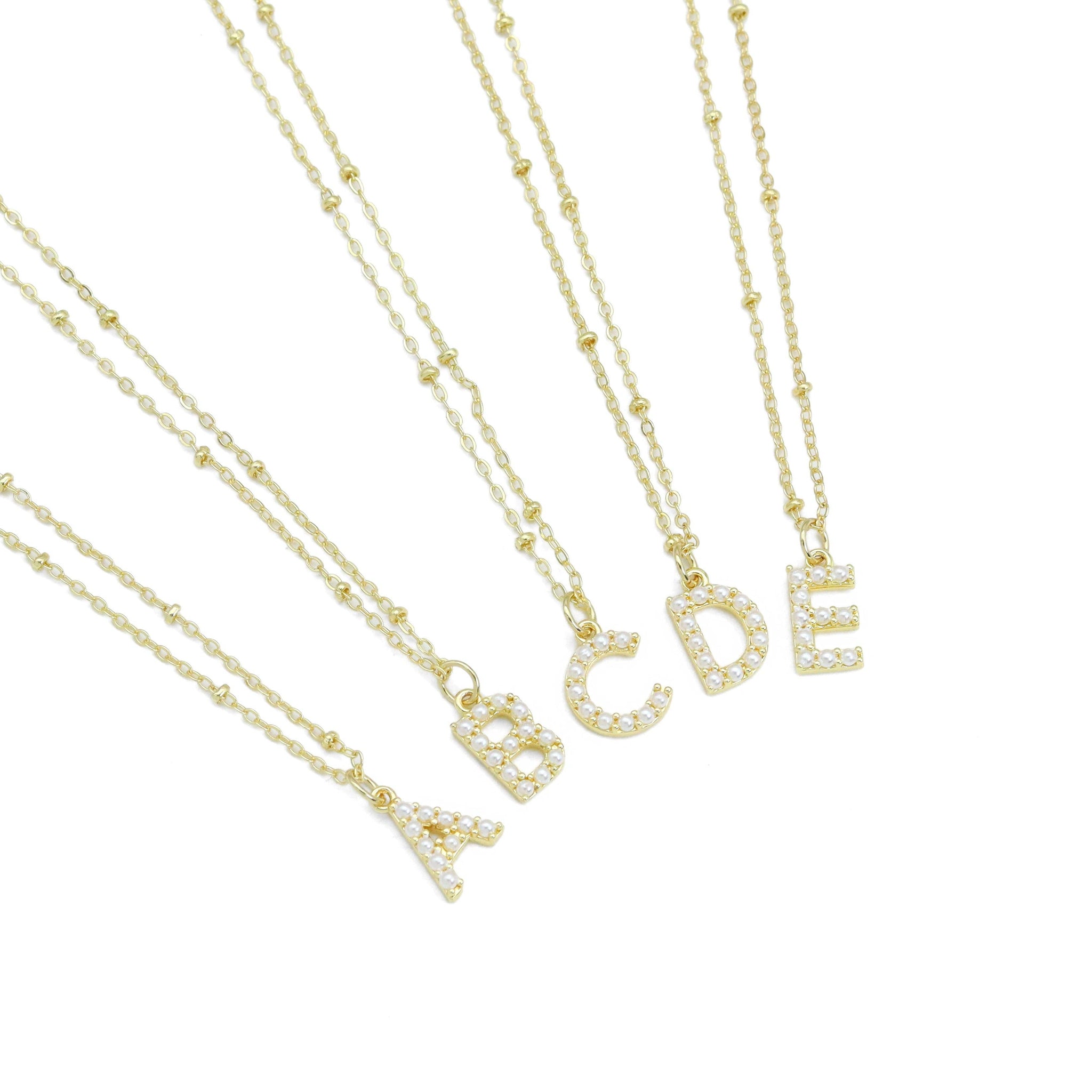 Gold Silver Peal Initial Charm Necklace,Sku#EF601