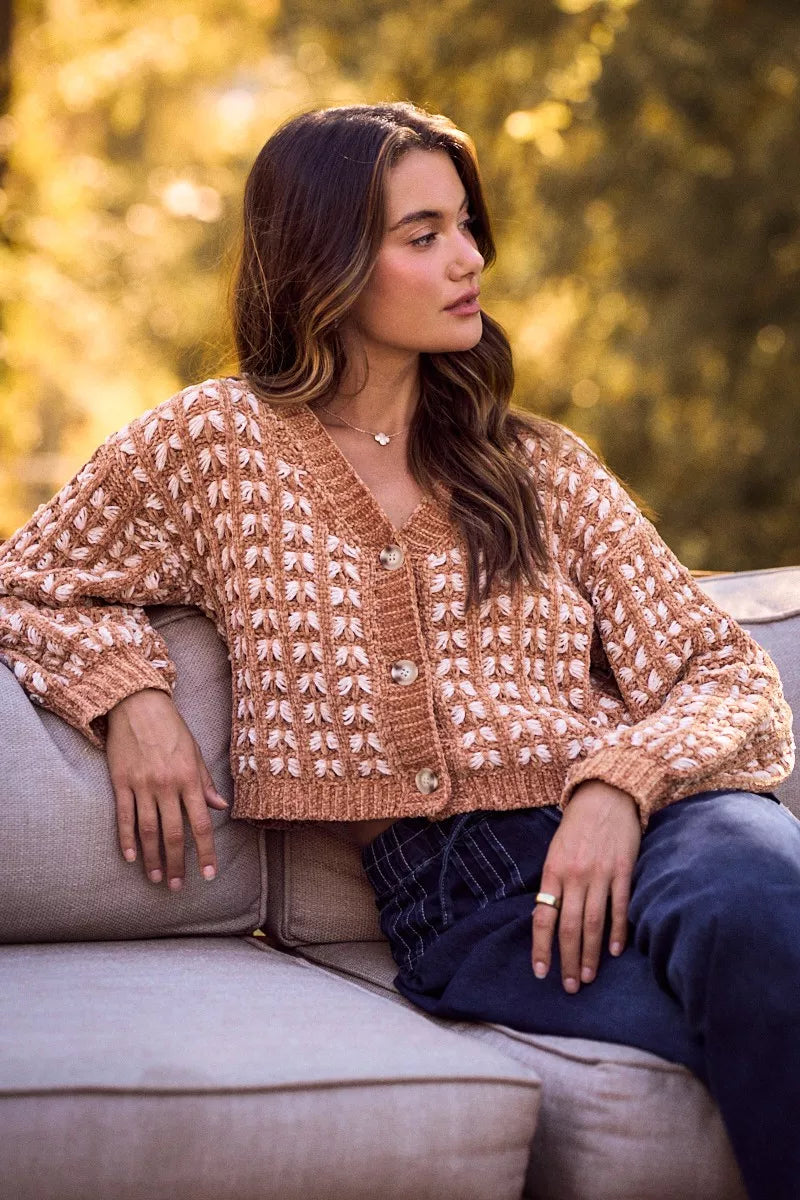 Camel Chenille Soft Yarn Texture Button up Cardigan Sweater Knitwear Trendsi