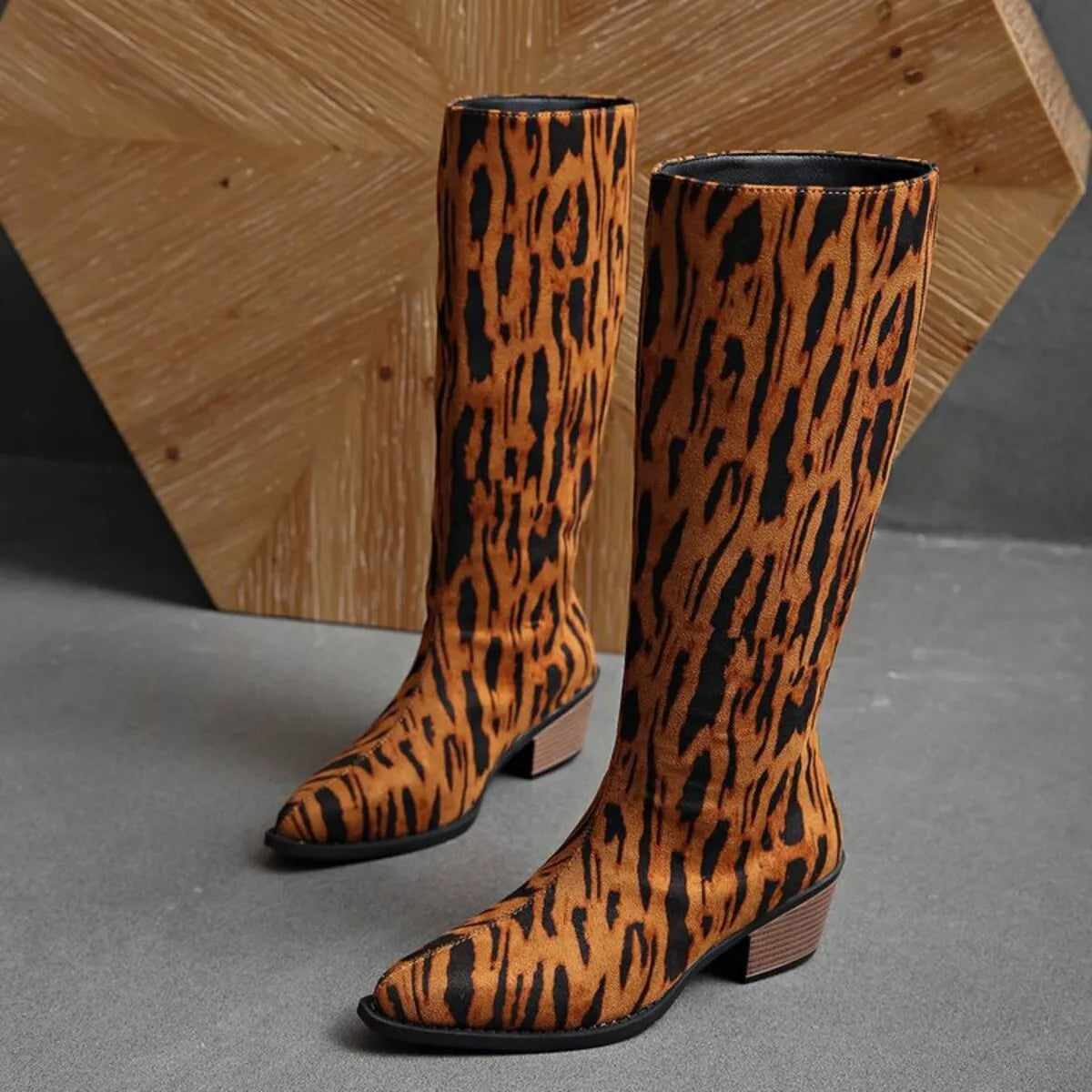 Leopard Print Point Toe Short Block Knee High Boots Shoes Trendsi