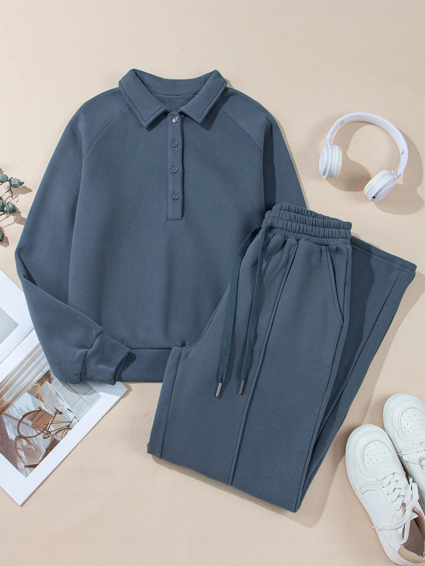 Cotton Blend Collared Sweatshirt Wide Leg Sweatpants Set Trendsi