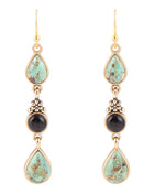 Barcelona Blue Turquoise and Black Onyx Linear Drop Golden Earrings