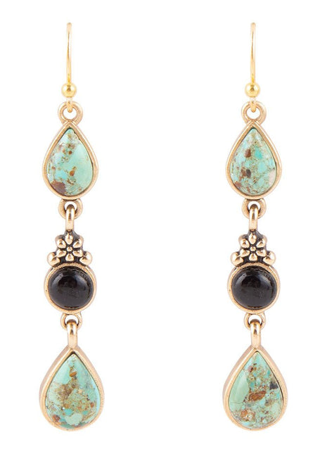 Barcelona Blue Turquoise and Black Onyx Linear Drop Golden Earrings