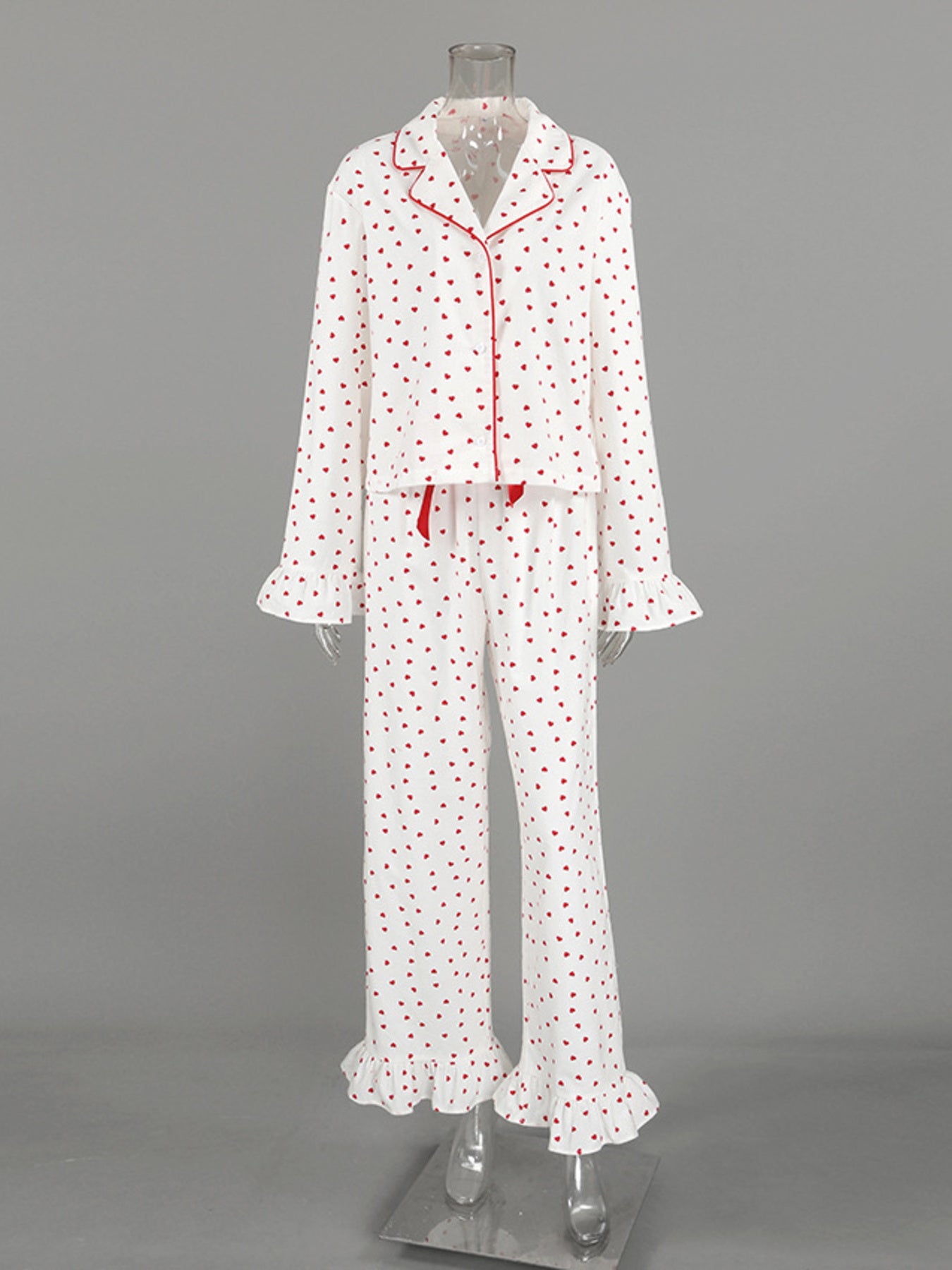 Heart Print Long Sleeve Top and Pants PJ Loungewear Set Trendsi