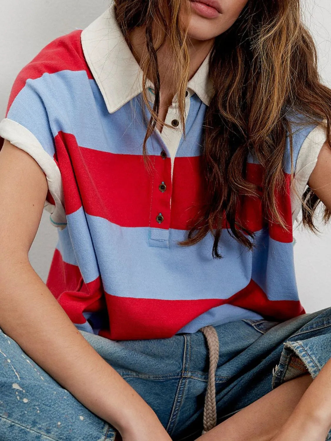 Striped Collared Neck Short Sleeve Top Red Trendsi