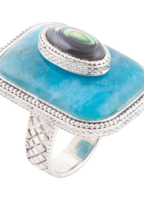 Rare Blue Apatite and Abalone Gemstone Stacked Silver Ring