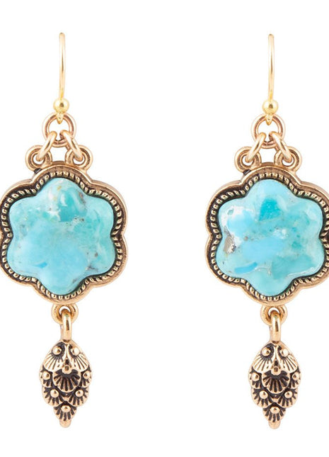 Blue Turquoise Flower Golden Drop Earrings