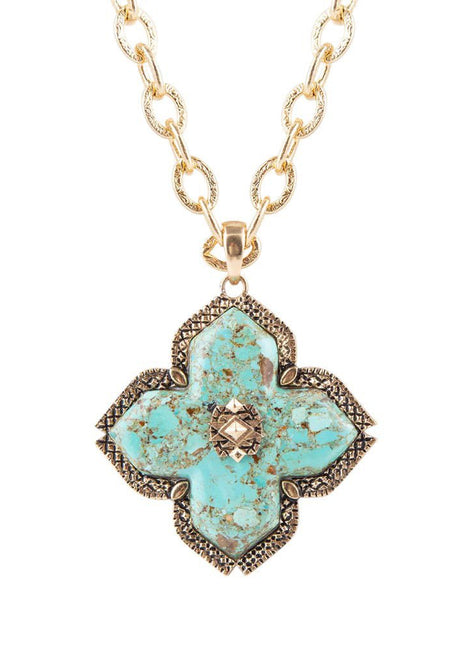 Blue Turquoise Maltese Cross Golden Pendant Necklace