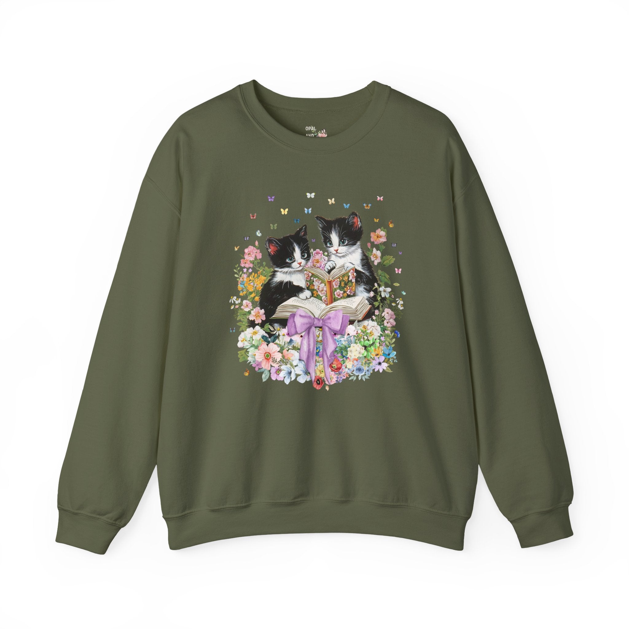Bookish Kittens Reading Sweatshirt Lovecore Military Green Sweatshirt Opal and June