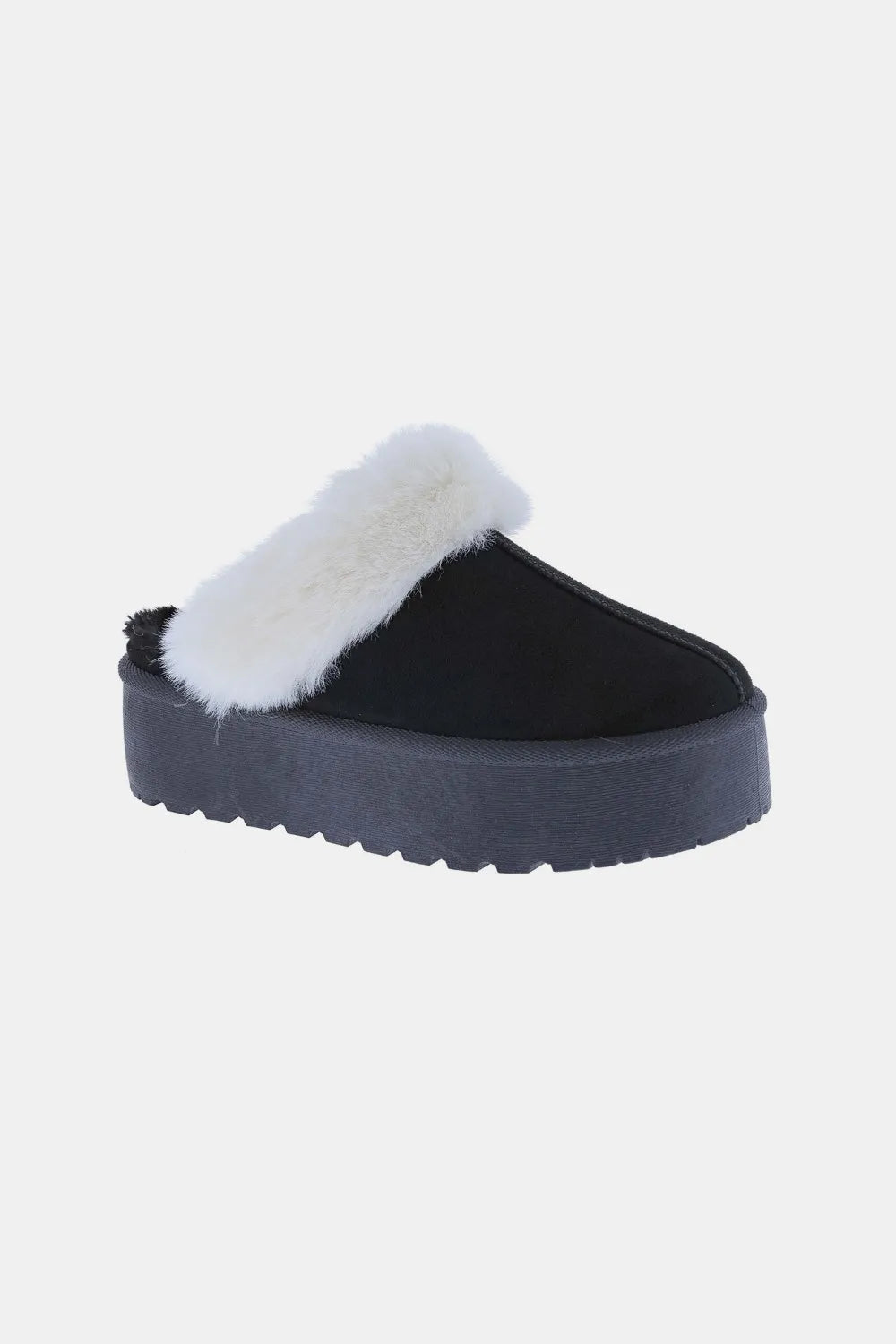 Platform Thick Bottom Fur Trim Snow Slippers Black Trendsi
