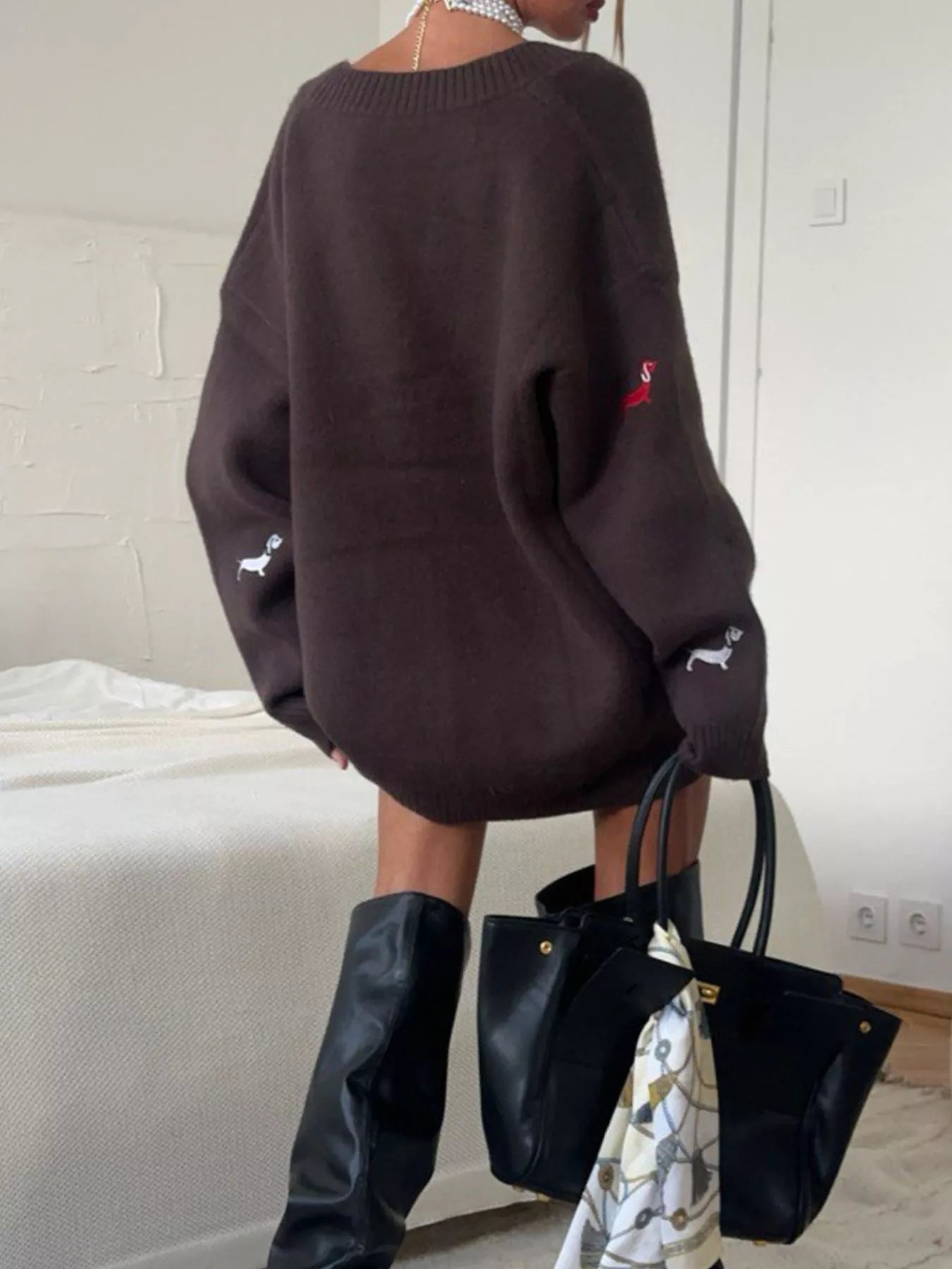 Embroidered Dachshund Button Up Cardigan Knitwear Trendsi