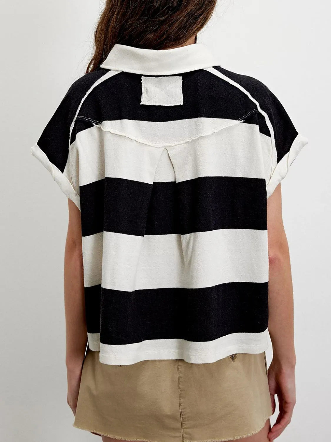 Striped Collared Neck Short Sleeve Top Trendsi