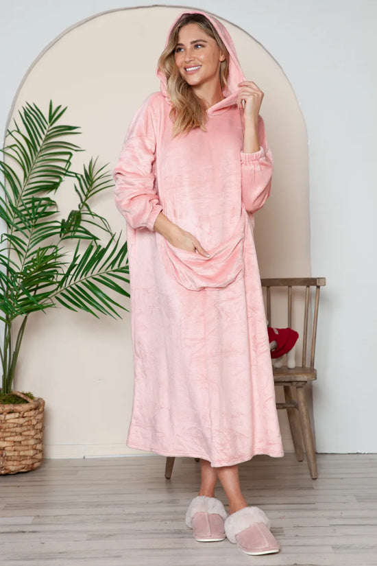 Double Take Full Size Pocketed Hooded Midi Lounge Dress Dusty Pink Trendsi