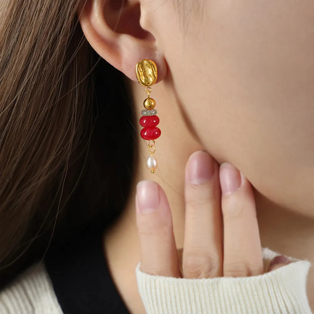 Freshwater Pearl & Natural Stone Dangle Earrings Red One Size Earrings Trendsi