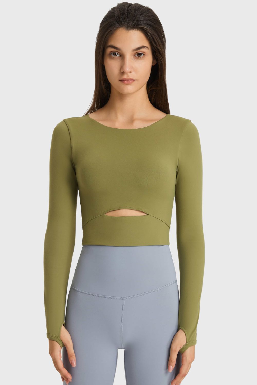 Millennia Cutout Long Sleeve Cropped Sports Top Green Trendsi