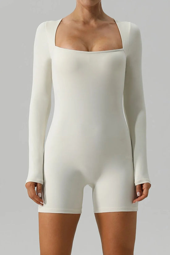 Square Neck Long Sleeve Active Romper Ivory Trendsi
