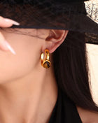 Natural Tiger's Eye Mini Hoop Earrings, 18k Gold Plated Gold One Size Earrings Trendsi