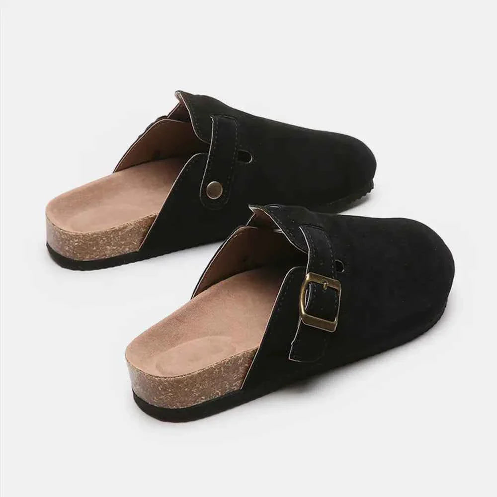 Flat Comfy Suede Buckle Clogs