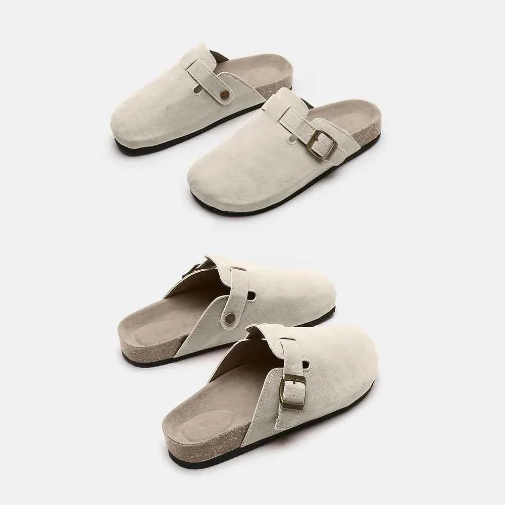 Flat Comfy Suede Buckle Clogs