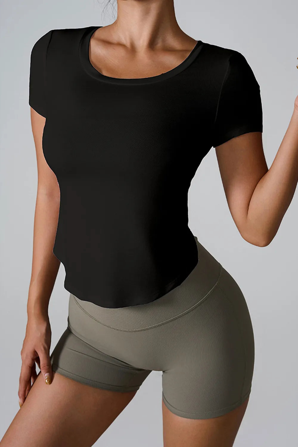 Cutout Round Neck Short Sleeve Active T-Shirt Black Trendsi