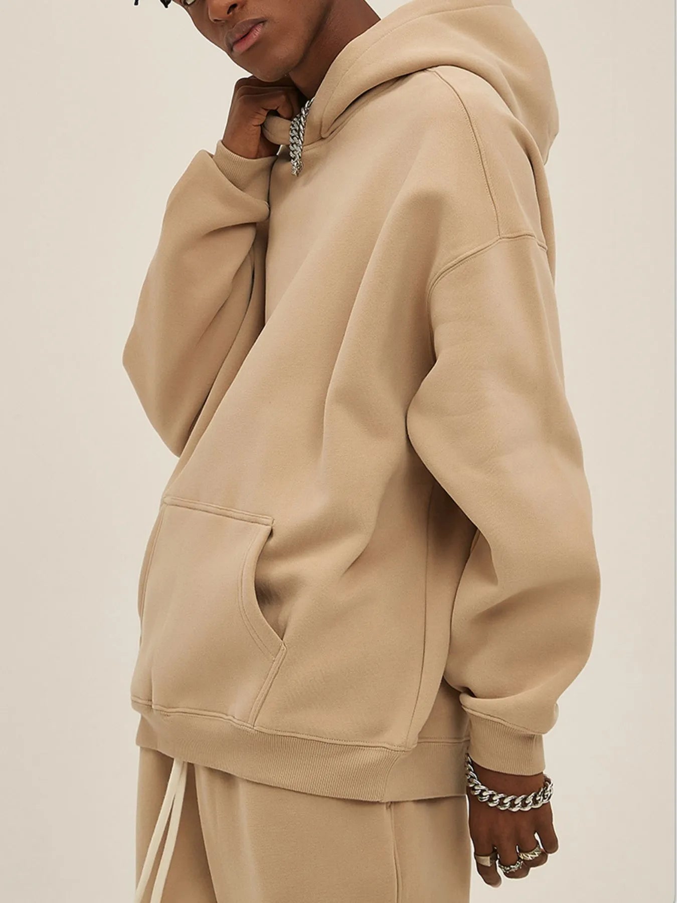 Mens Oversized Cotton Blend Pocket Hoodie Khaki Trendsi