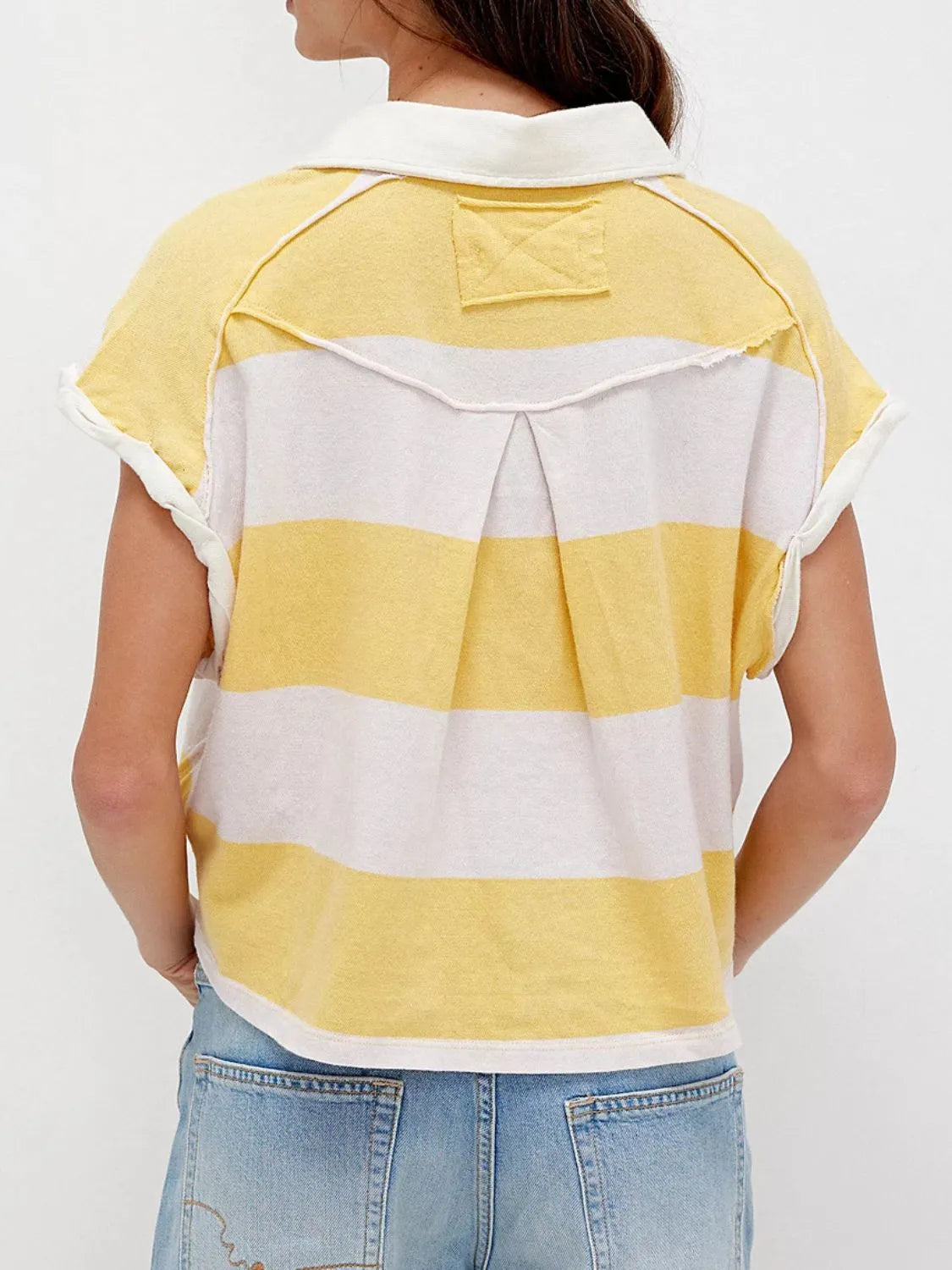 Striped Collared Neck Short Sleeve Top Trendsi