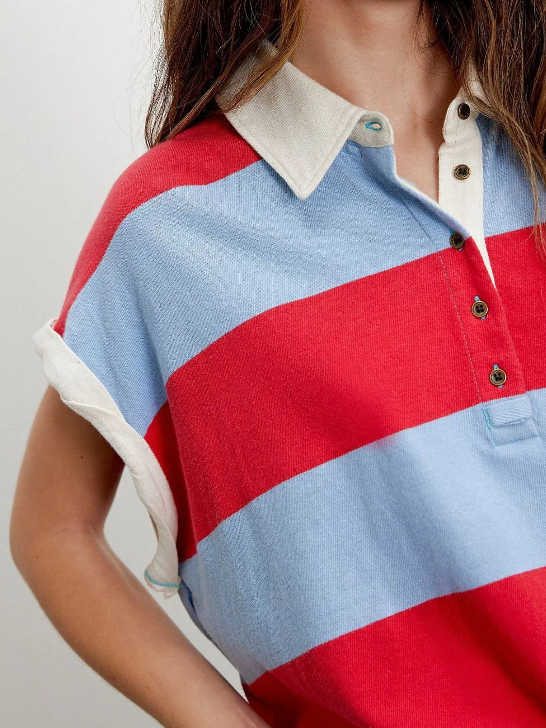 Striped Collared Neck Short Sleeve Top Trendsi
