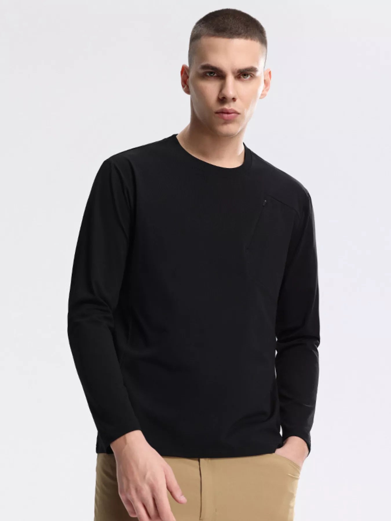 Men's Active Long Sleeve with Front Zipper Pocket Cotton& Spandex Black Trendsi