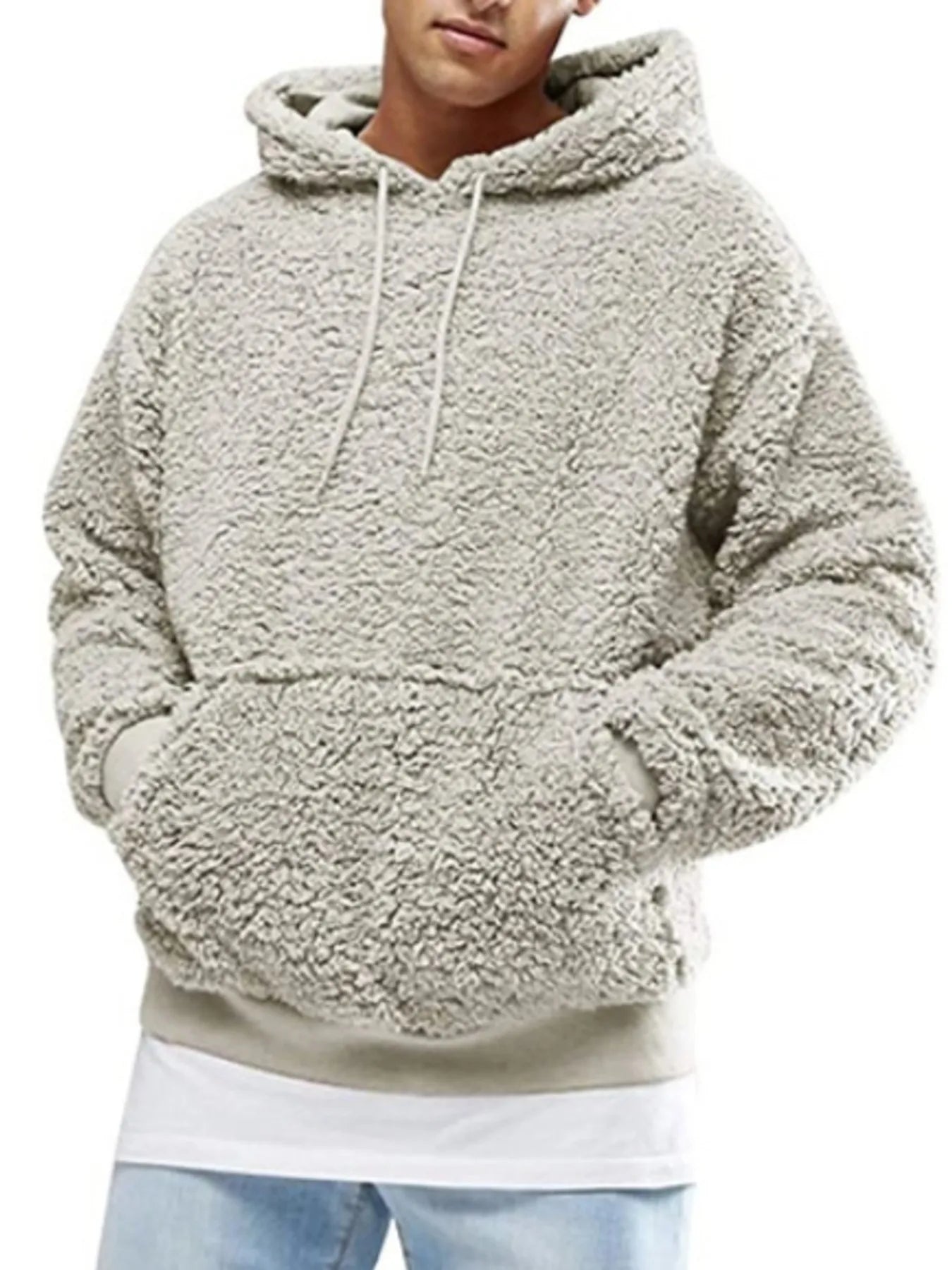 Men's Drawstring Sherpa Fleece Hoodie Grey Trendsi