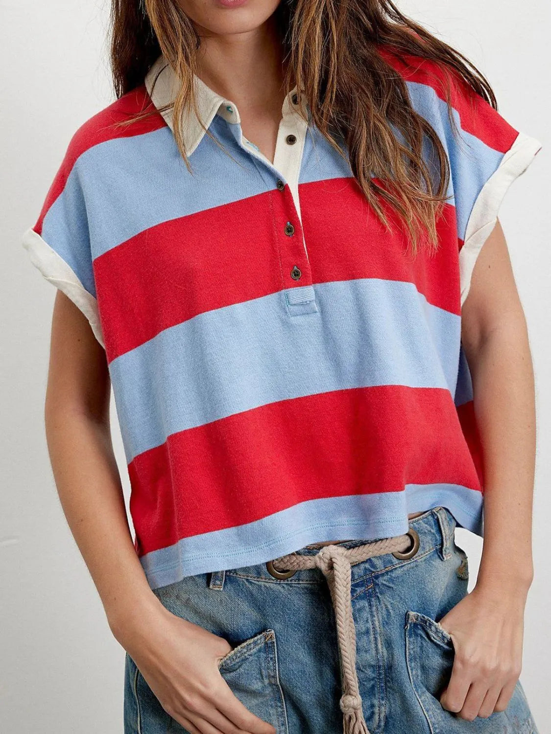 Striped Collared Neck Short Sleeve Top Trendsi