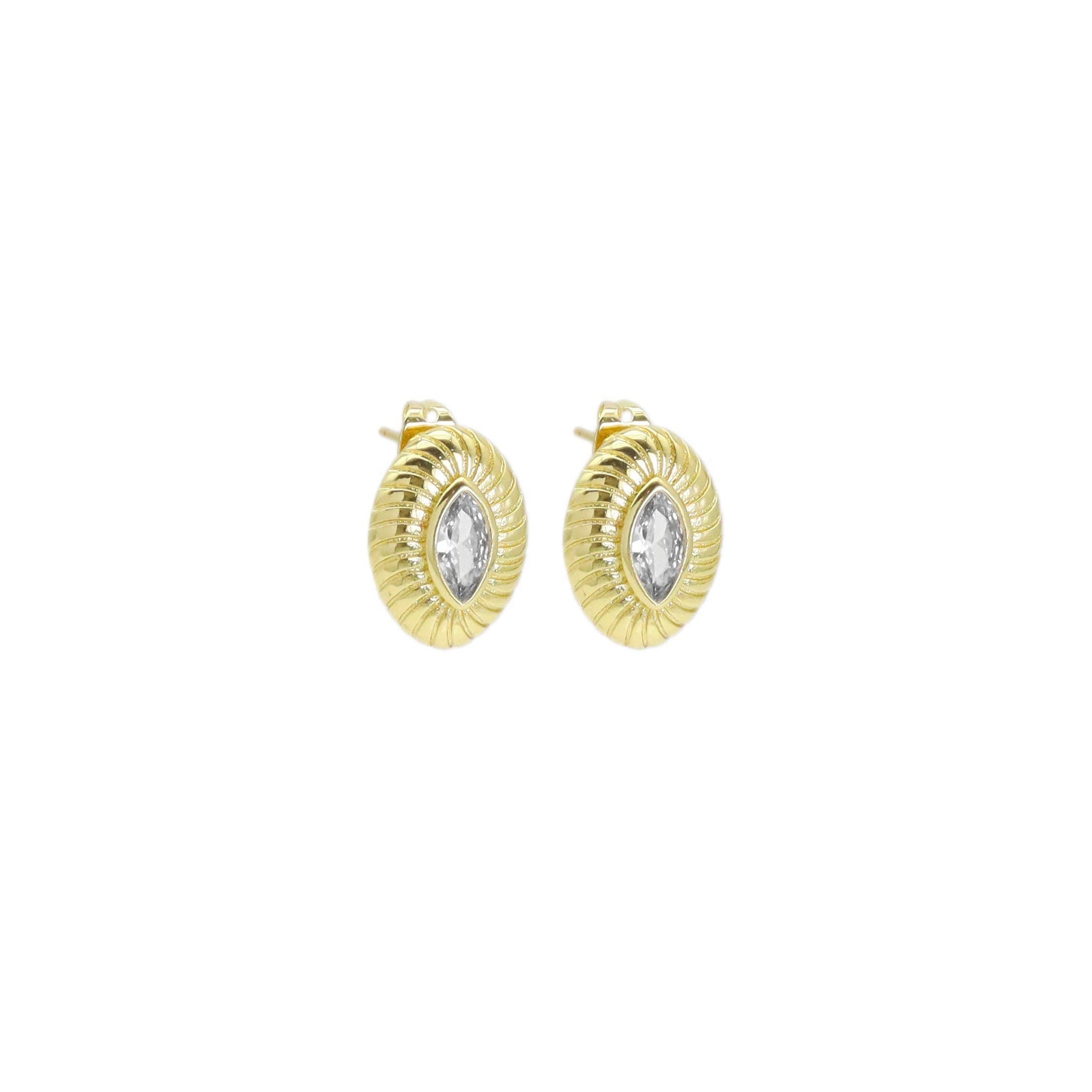 Gold Oval Shape Eye CZ Stud Earrings, Sku#Y932