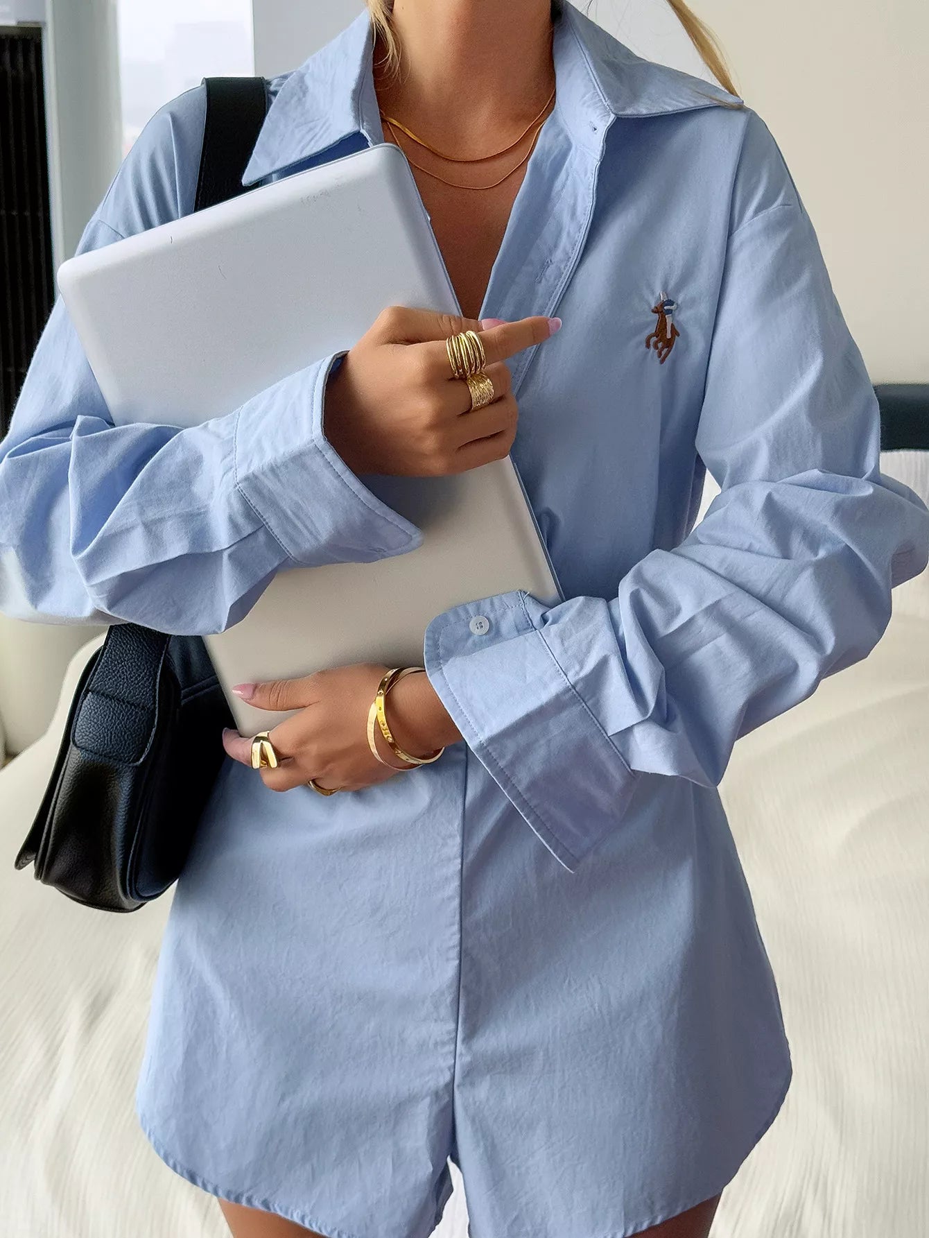 Button Front Long Sleeve Romper Blue Trendsi