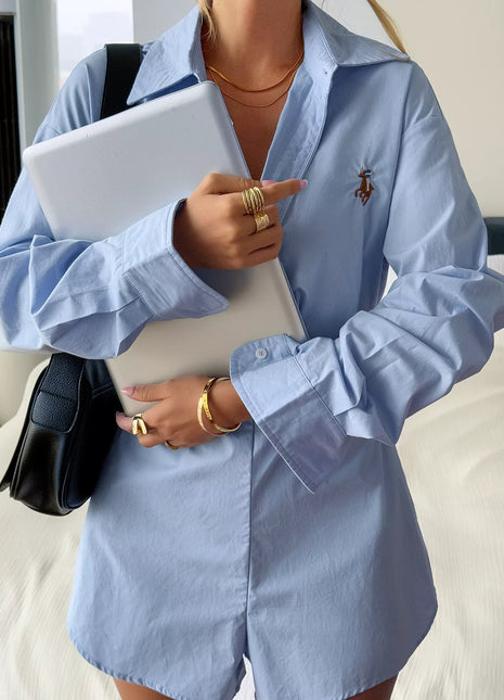 Button Front Long Sleeve Romper Blue Trendsi
