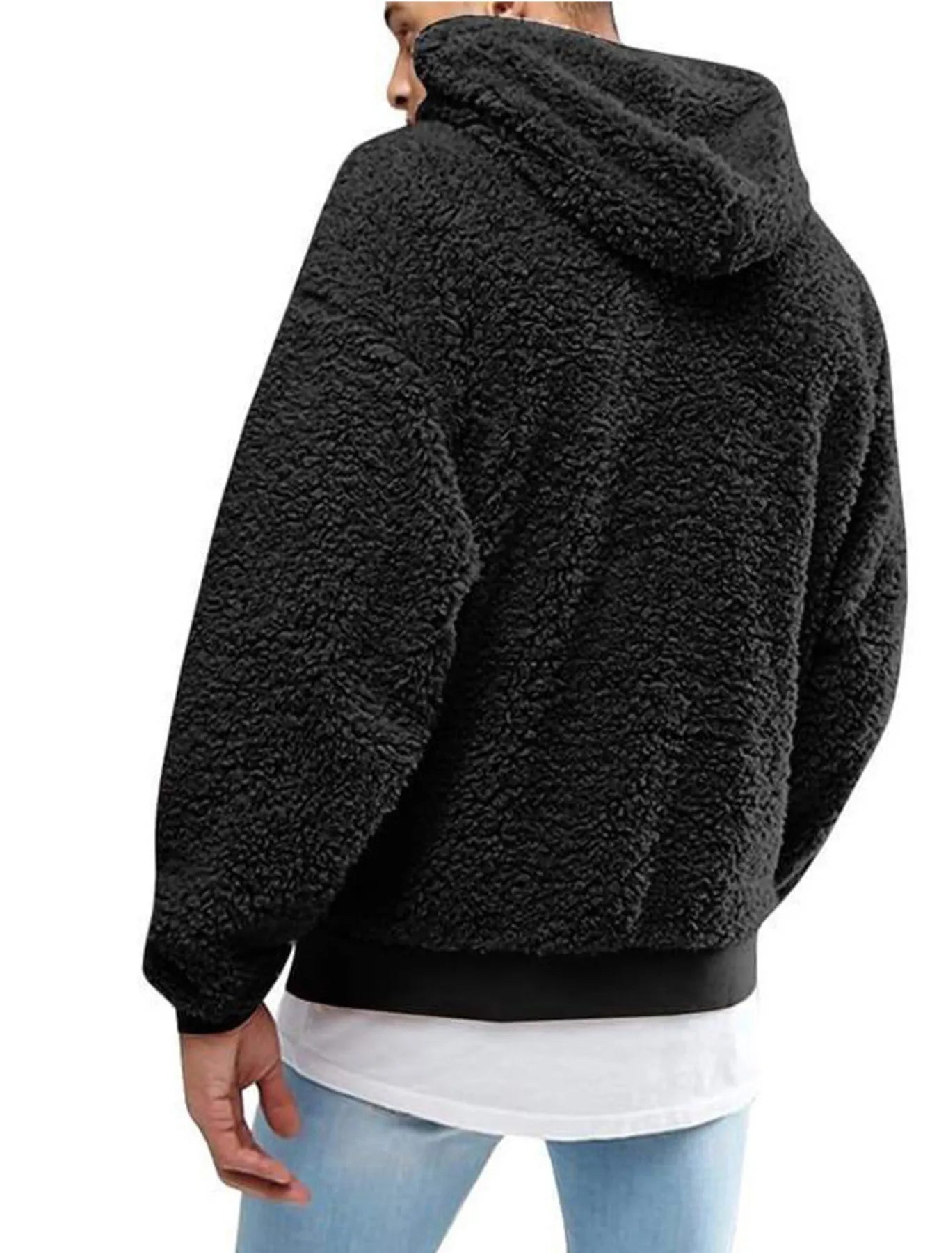 Men's Drawstring Sherpa Fleece Hoodie Black Trendsi