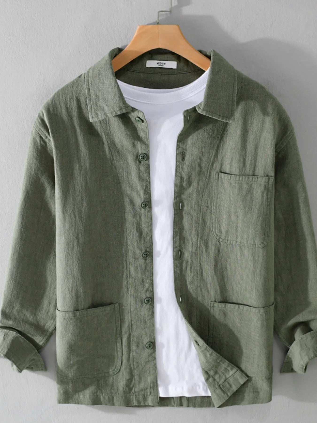 Mens Flax Blend Chest Pocket Button Up Green Shirts Trendsi