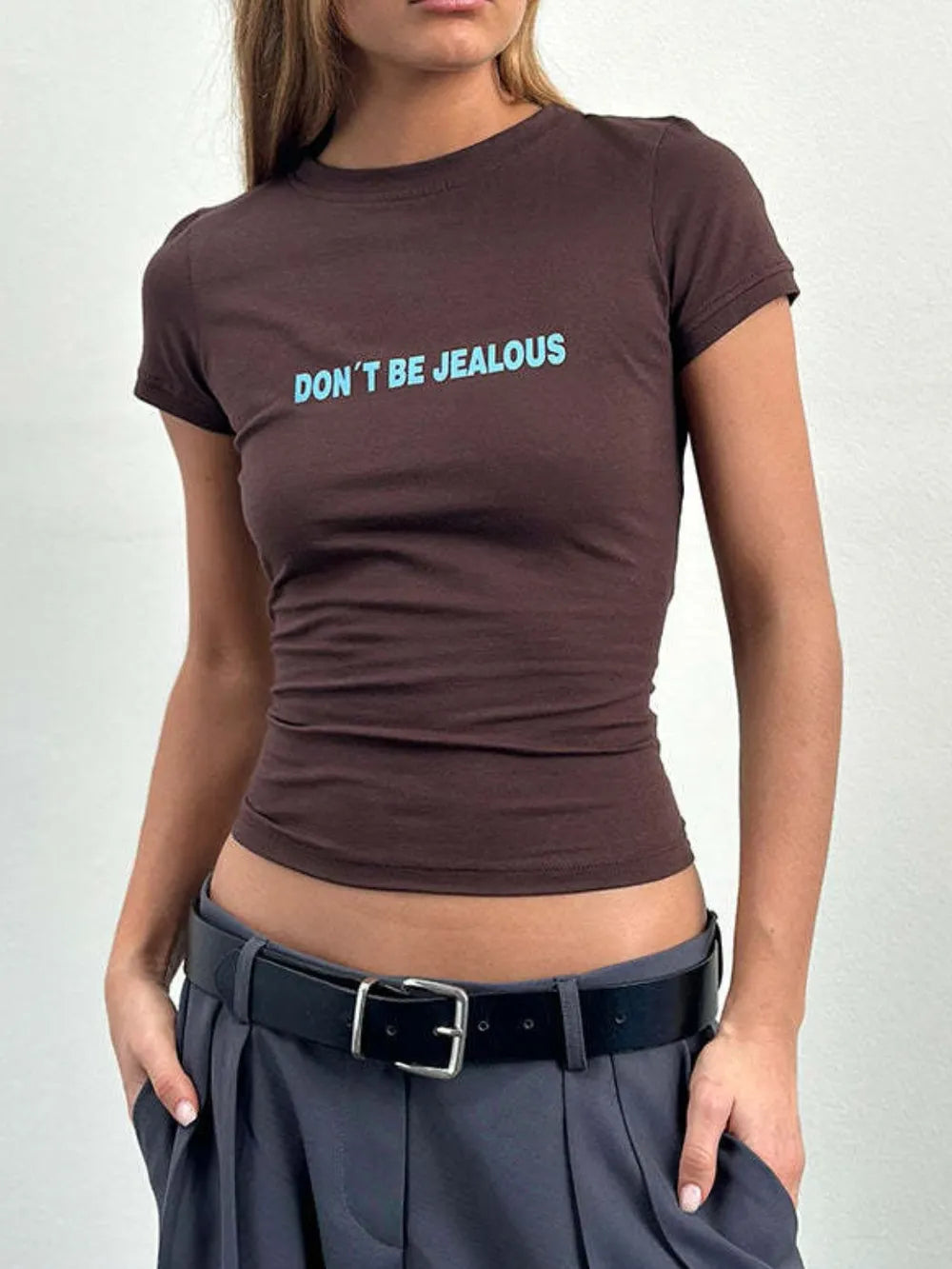 Y2K Baby Tees Brown Don’t Be Jealous Shirts Trendsi