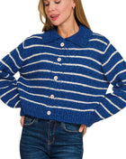 Zenana Striped Collared Button Down Sweater Cardigan LT NAVY TAUPE Trendsi